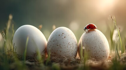 Ladybug on Easter eggs. Dewy grass hosts ladybug examining pastel Easter shells at sunrise. Closeup of ladybug discovering speckled eggs