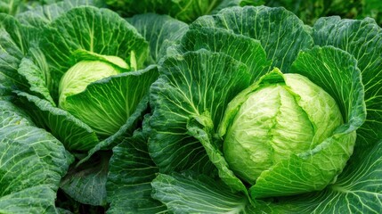 Fresh green cabbage heads growing in agricultural field. Organic vegetable harvest ready for picking. Natural farm produce with lush leaves. Healthy vegan food concept