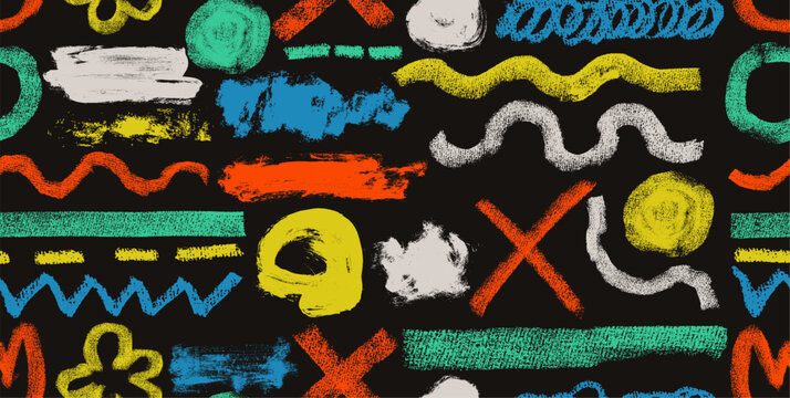 Charcoal seamless pattern pencil curly lines set. Hand drawn squiggles, scribbles, doodle strokes, dots and spirals. Grunge chalk and crayon smears, thin and thick pencil dividers. Vector sketch lines