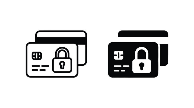 Secure payment card icons, vector illustration set of blocked credit cards with padlock symbols representing financial safety, personal finance security, data protection technology, 
