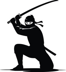 Naklejka premium Ninja warrior illustration, battle-ready ninja preparing for combat isolated on white background, stealth fighter stance, martial arts action pose, and traditional Japanese assassin design concept