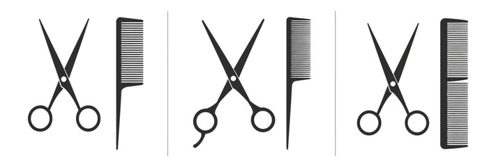 Scissors and comb icons, crossed hairstyling and grooming vector symbol set with clean modern design for barbershop, salon branding, hairdresser signage, beauty services, and professional haircut.