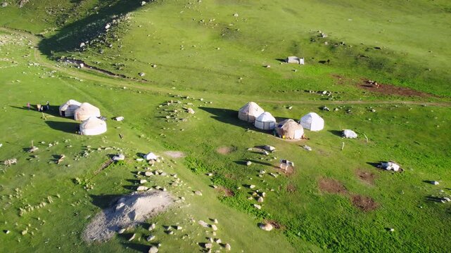 Aerial view of nomads living in yurts in a high mountain valley in Kyrgyzstan.