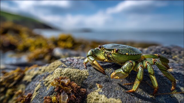 Macro view of a green shore crab among barnacles and algae on a rocky shoreline