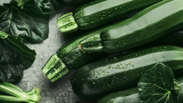 Fresh zucchinis and leafy greens on a gray background show the natural colors and textures of summer produce