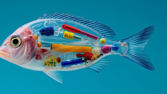 Transparent fish with colorful plastic objects inside, showcasing a detailed view of its anatomy against a vibrant blue background, illustrating the contrast between nature and artificial materials