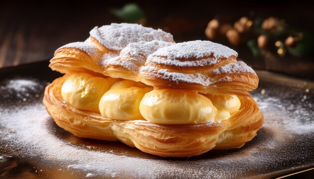 Golden Cream Puff Topped With Powdered Sugar Filled With Custard