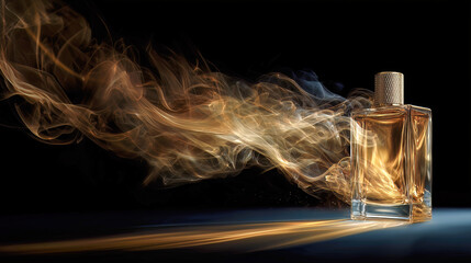 Fototapeta premium High-end cologne bottle with artistic amber smoke wisps against black backdrop, premium perfume product shot with motion effect