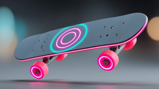 Colorful skateboard with neon pink wheels and glowing blue circles rotates in mid-air against a blurred background, showcasing its unique design and vibrant colors in a dynamic display