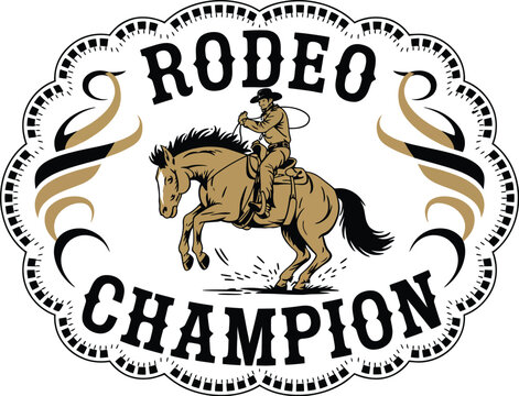 Rodeo belt buckle illustration, gold champion buckle vector design with western style engraving for cowboy awards, country branding, trophy graphics, apparel prints, and classic rodeo memorabilia conc