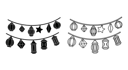 Ramadan Kareem lantern garland vector icon set, black outline and solid fill, Islamic festival decoration, isolated on white © Sapla