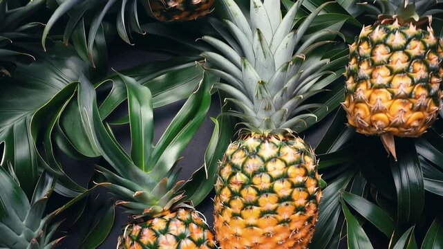 Pineapples arranged among green leaves in a simple layout showing details of fruit and foliage