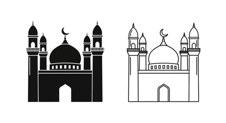 Black silhouette and outline vector mosque icon with dome and minarets, Islamic worship building isolated on white © Sapla