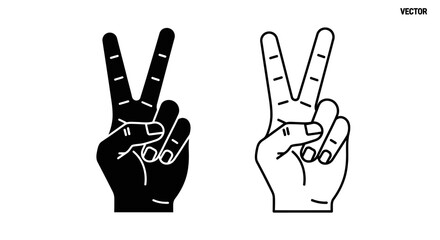 Fototapeta premium Black and white vector peace sign hand gesture icon set, two fingers up symbol, isolated on white
