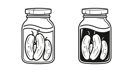 Pickled cucumbers in glass jar vector illustration. Outline and silhouette versions of preserved gherkins, isolated on white.