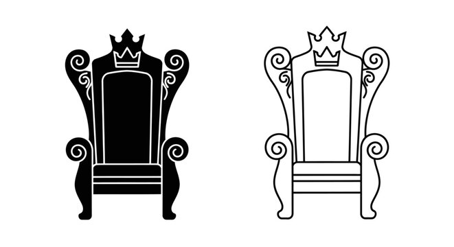 Black and outline king's throne vector icon set with crown, royal chair illustration isolated on white