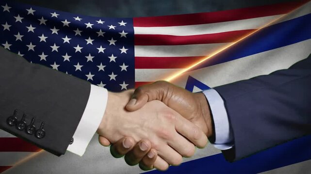 Business executives shake hands symbolizing a diplomatic partnership agreement between the United States and an Israeli delegation across national flags.