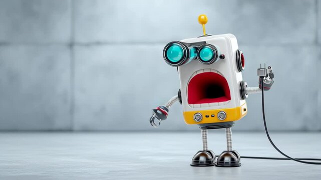 Cartoon robot character with large blue eyes and a yellow antenna holds a power plug while standing on a gray floor against a textured concrete wall in a playful, animated setting