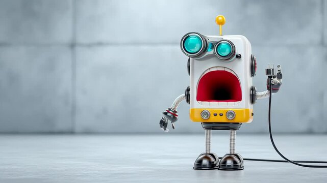 Cartoon robot character with large eyes and open mouth holds a power cord in a playful pose, set against a textured gray background with a smooth floor