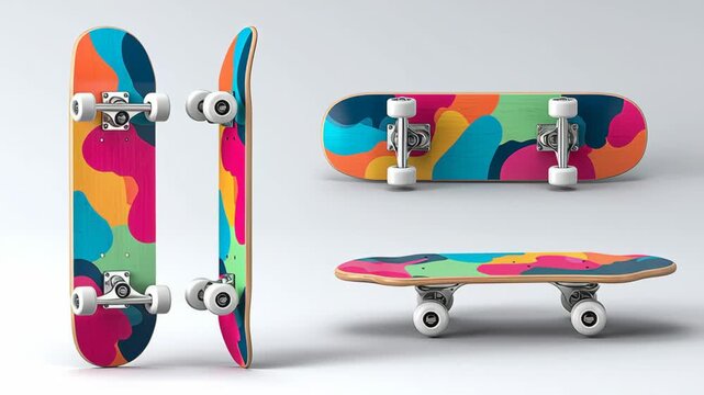 Colorful skateboard with abstract design shown from multiple angles, highlighting its vibrant patterns, wheels, and trucks against a clean, neutral background for product display