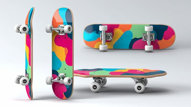 Colorful skateboard with abstract design shown from multiple angles, highlighting its vibrant patterns, wheels, and trucks against a clean, neutral background for product display