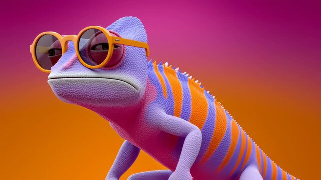 Colorful cartoon lizard with orange sunglasses poses confidently in a vibrant gradient background, showcasing its unique striped pattern and playful demeanor in a whimsical setting