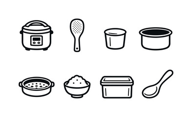 Fototapeta premium Home rice cooking tools: rice cooker, rice paddle, measuring cup, inner pot, steam basket, rice bowl, storage container, serving spoon
