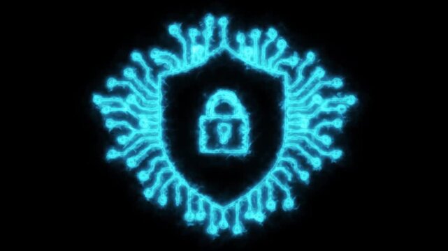 Glowing Digital security shield icon with lock icon isolated . neon lock icon, data security icon animation , neon sign