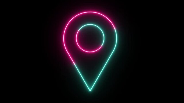 Abstract glowing Neon GPS location icon pin saber animation on a black background