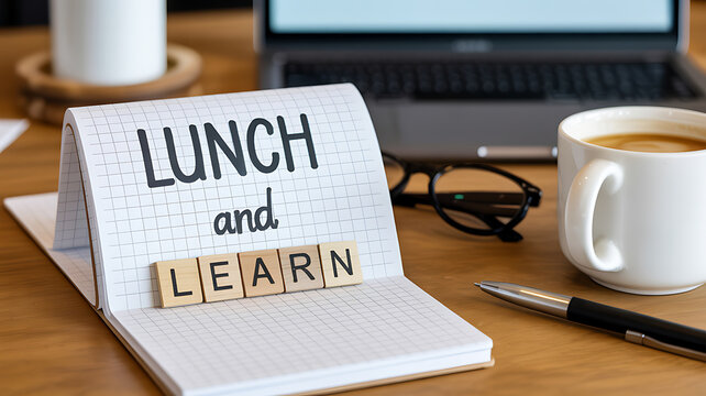 Wooden Desk with 'Lunch and Learn' Notebook, Laptop, Coffee, and Glasses - Business Meeting Concept