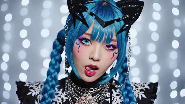 Cyberpunk Cosplay Portrait, Blue Hair Anime Girl With Cat Ears And Neon Makeup In Futuristic Studio Lighting