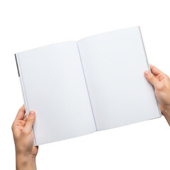 Obraz premium A person holding an open blank notebook with two sections isolated on transparent background