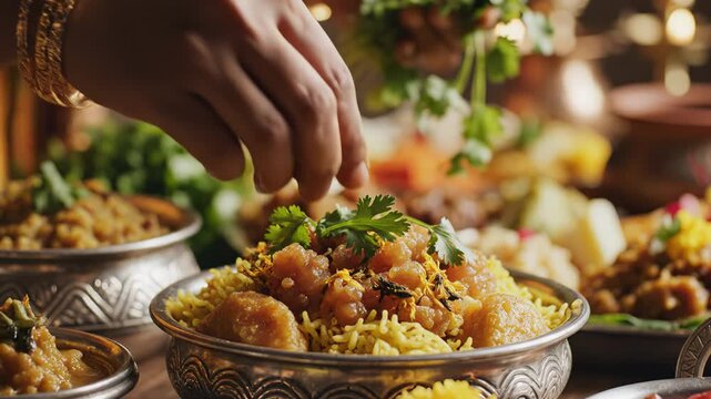 Close up of a chef garnishing a flavorful biryani dish with fresh cilantro leaves in a dimly lit traditional Indian restaurant setting with an assortment of other authentic dishes arranged on a