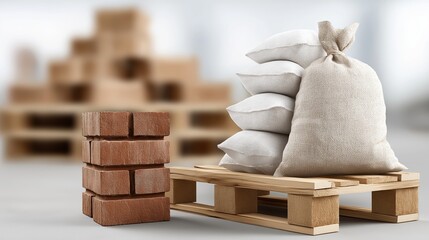 Stack of bricks and burlap sack on wooden pallet in warehouse setting