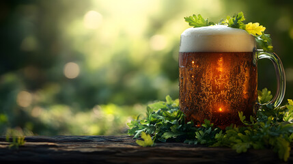 Foamy traditional Latvian beer in a glass mug garnished with oak leaves on blurred meadow background, copyspace for text, Ligo celebration wallpaper