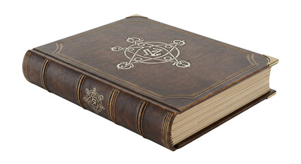 Obraz premium Ancient leather-bound grimoire with occult symbols on the cover and gilded edges, a magical spellbook, isolated on white background.