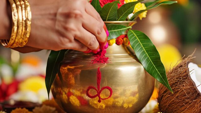 Close Up of Woman's Hands Adorning Golden Kalash Pot with Red Kumkum Powder and Mango Leaves with Coconut and Marigold Flowers in Soft Warm Lighting for Religious Ceremony