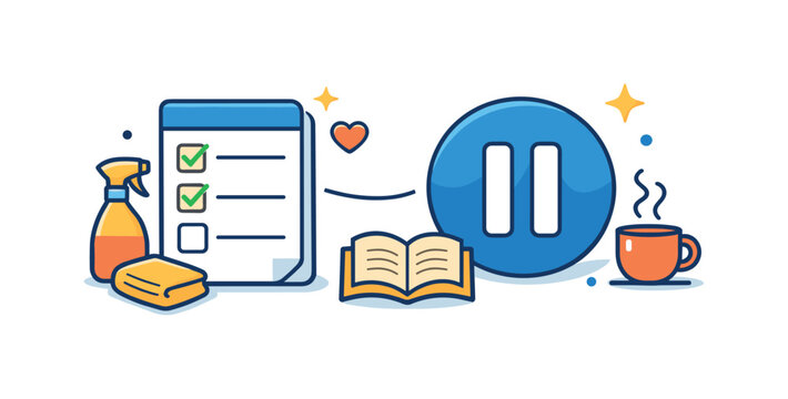 Everyday calm balance between household tasks and personal rest during a normal day at home, a simple to do list paired with a soft pause icon symbolizing