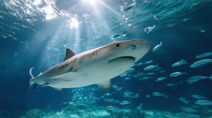 Fototapeta premium Majestic tiger shark swimming in sunlit ocean depths