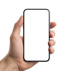 A hand holding a blank smartphone showcasing an empty screen interface isolated on transparent background
