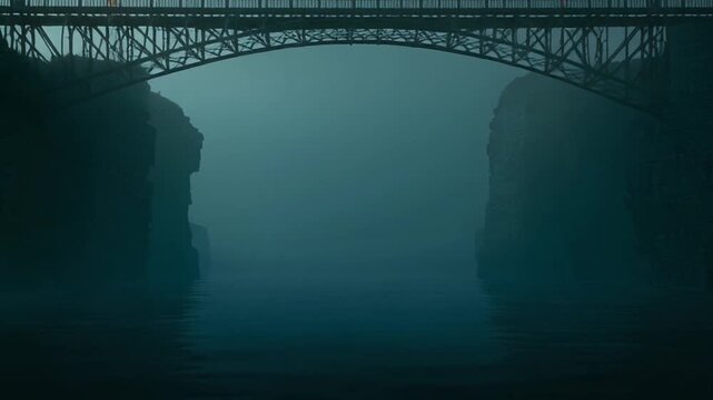 A steel bridge arches across a misty chasm, lit by lanterns, with imposing cliffs on either side