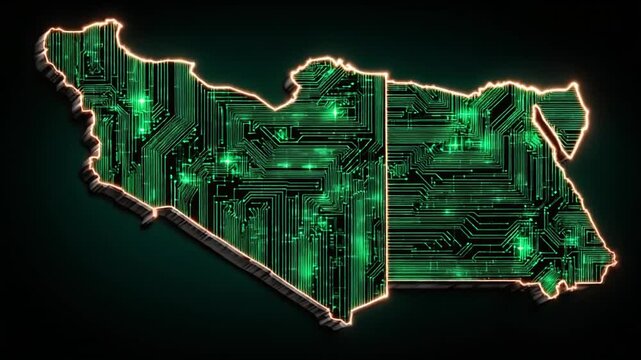 Glowing green circuit board map outline against dark background. Outline glows golden