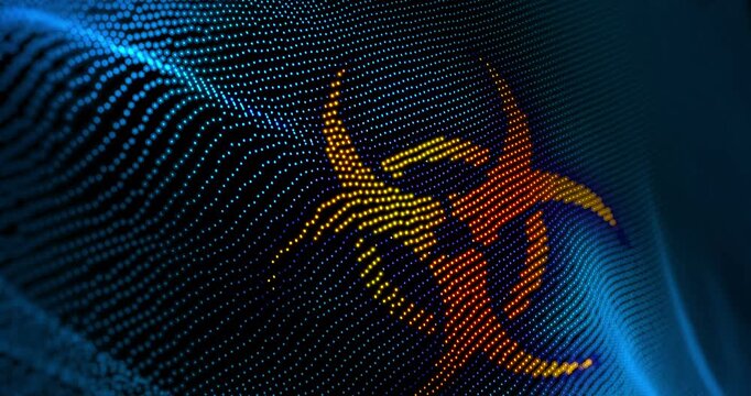 Biohazard flag waving pixel. Virus and biological risk blowing banner cyber attack hack and security concept animation.