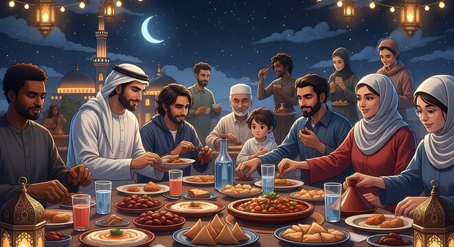 A large family gathers together at a table under a full moon, with plates of food and water in front of them, enjoying a meal together.