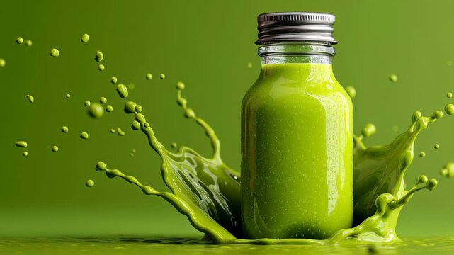 Green juice bottle splashes vibrant liquid in a dynamic motion, showcasing the energetic flow of juice droplets against a vivid green background, emphasizing freshness and vitality