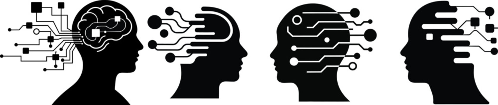 Four human head silhouettes with internal circuit boards illustrating artificial intelligence and data processing