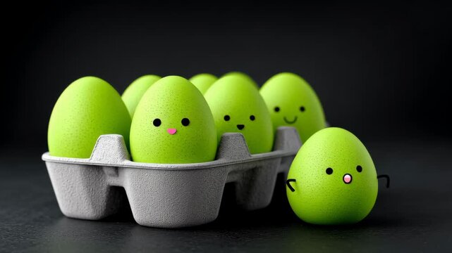 Green eggs with cute facial expressions in a gray carton, showcasing a playful arrangement with some eggs slightly leaning out, set against a dark background for visual contrast