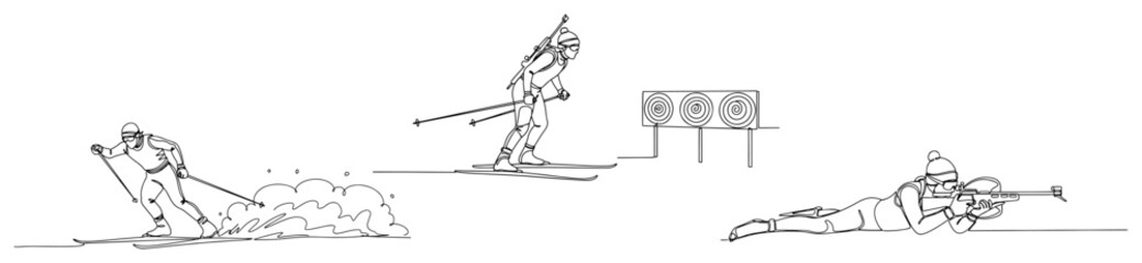 Professional biathlon athlete skiing and shooting at target in a minimalist continuous line drawing style © Wieslaw