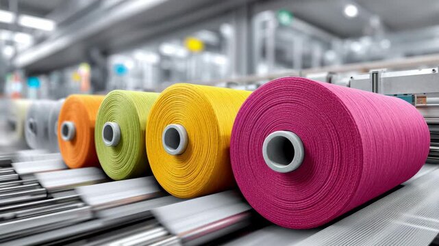 Colorful spools of thread in a textile factory move along a conveyor belt, showcasing vibrant hues of pink, yellow, green, and orange in a well-lit industrial setting