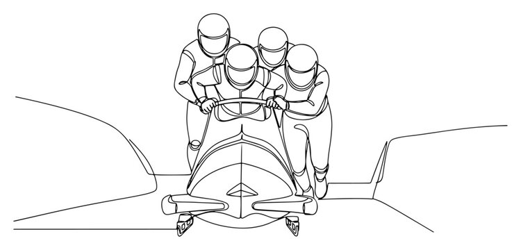 Minimalist continuous line art of a four man bobsleigh team starting their race